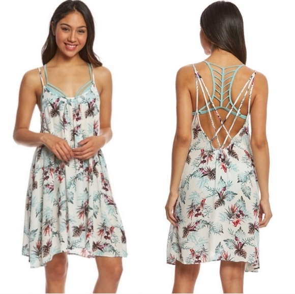 NEW Roxy Wind Fly Away Strappy Dress Tropical Print size XS oversized flowy - Picture 1 of 10